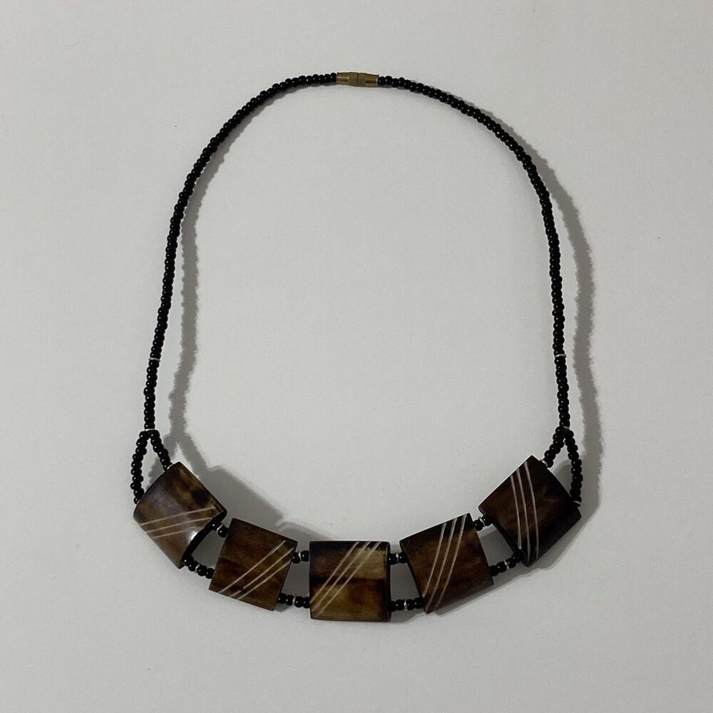 Black Seed Bead Brown Shell Carved Engraved Bib Necklace Bohemian Barrel Clasp